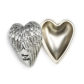 Metal trinket box in a heart shape with sculpted wings and the words always and forever