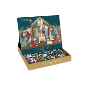 puzzle of the Nativity scene with the photo of the final puzzle stood up on the box