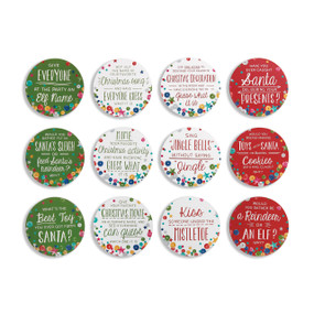 Set of nine round pendants - left row is green with white santa quote, middle are white with green Christmas quote, right row are white with red Christmas quotes