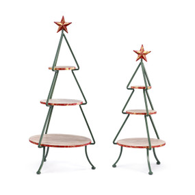 Two three tiered stands shaped like Christmas trees with stars on the top