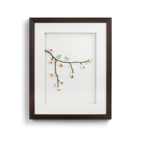 seaglass depicting birds on a branch with white background and dark frame