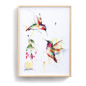 colorful watercolor painting of two hummingbirds on white background in thin white frame