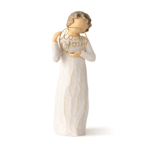 Front view, standing female figure in cream dress, holding gold wire circle in which is written 'love you'
