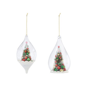 Hanging glass ornaments with a decorated Christmas tree inside