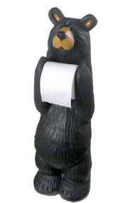 Black bear figurine standing up holding toilet paper roll