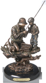 Bronze statue of man figurine bending down showing smaller boy figurine how to fish - on black round plaque that says 'generations' in gold