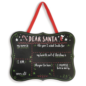 hanging sign made of chalkboard with Dear Santa printed at top with different questions that answers can be written on