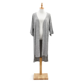 Grey open shawl wrap on white mannequin on wooden stand