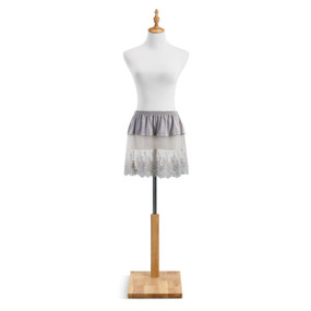 Grey and white sheer shirt extender on mannequin stand