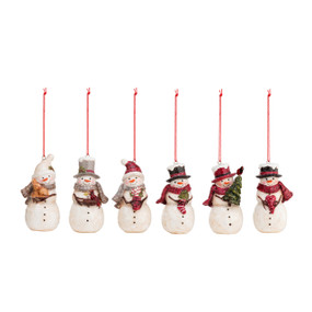An assortment of 6 various small snowmen ornaments, each wearing different clothing pieces, and holding different items, such as a tree and a stocking.