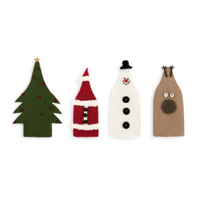 An assortment of four felt Christmas themed bottle covers. A green Christmas tree, a Santa suit, a snowman, and a brown reindeer.