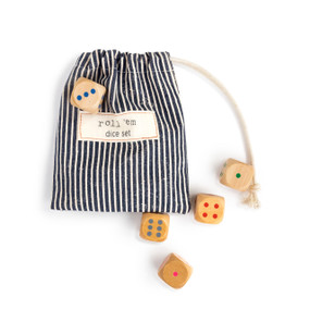 A set of five wooden dice, each with different colored dots. Placed beside a black and white striped drawstring bag, with a white patch that reads roll 'em dice set"."