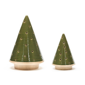 A set of two stripe textured green tree tealight candle holders, one small and one large. Each with several holes and a tan base.