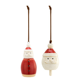 A set of two Santa ornaments, one with a body, the other just a head shape. Each with a brown ribbon.