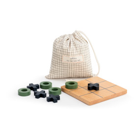 A light washed wooden Tic Tac Toe board with 9 spaces placed beside black X and green O pieces, and a black and white plaid drawstring bag that reads xoxo tic tac toe set"."