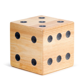 A large wooden game dice, with large black dots on each side.