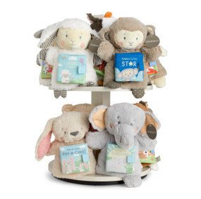 A white wooden two tiered displayer filled with an assortment of soft, plush, "Story Time Puppets".