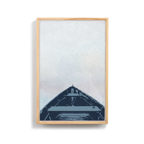A graphic art image of the bow of a boat at the bottom of a light gray background, in a light wood frame.