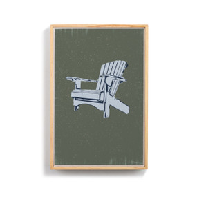 A graphic image of a light blue Adirondack chair on a dark green background in a light wood frame.
