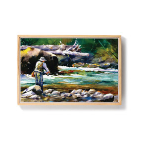 A light wood framed watercolor image of a man fishing in a river.