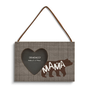 A brown rectangular wood hanging frame with a 2 inch heart shaped opening for a photo next to a bear silhouette that says "Mama".