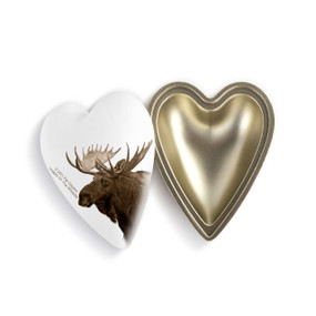 A heart shaped container with a moose on a white background, shown with the lid offset to the base.