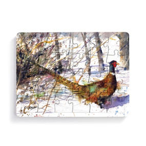 A 24 piece postcard puzzle with a watercolor image of a ringneck.