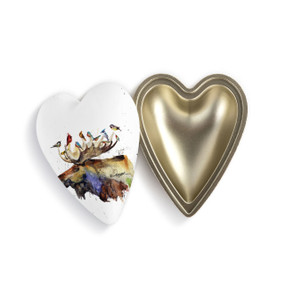 Heart shaped keeper box with a watercolor image of a moose with birds on its antlers on the lid, which is offset to the base.