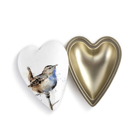 Heart shaped keeper box with a watercolor image of a wren on the lid, which is offset to the base.