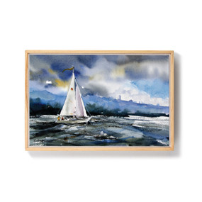 A light wood framed watercolor image of a sailboat on the sea.