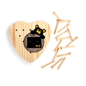Heart shaped wood peg game with a black bear peeking over a wood stump with Wyoming on it, next to a set of wood pegs.