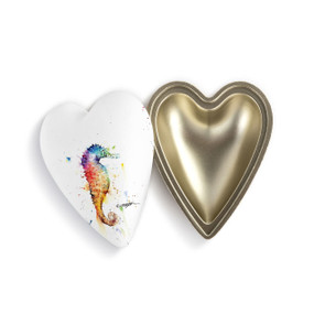 Heart shaped keeper box with a watercolor image of a seahorse on the lid, which is offset to the base.