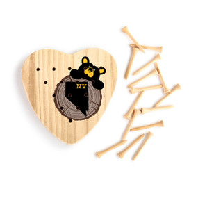 Heart shaped wood peg game with a black bear peeking over a wood stump with Nevada on it, next to a set of wood pegs.