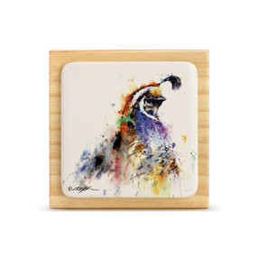 A square wood plaque with a tile attached that has a watercolor image of a quail.