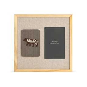 A light wood photo frame with a tile that has a bear silhouette that says Mama next to a 4x6 opening for a photo on a linen background.