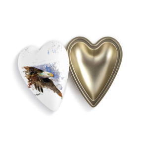Heart shaped keeper box with a watercolor image of a bald eagle in flight on the lid, which is offset to the base.