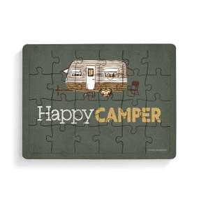 A rectangular wood 24 piece puzzle postcard with a camper van and the saying "Happy Camper".