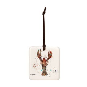 A square hanging ornament with a watercolor image of a lobster.