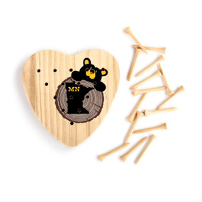 Heart shaped wood peg game with a black bear peeking over a wood stump with Minnesota on it, next to a set of wood pegs.