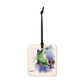 A square hanging ornament with a watercolor image of a green butterfly.