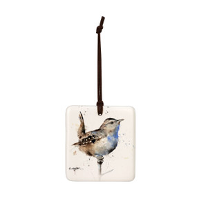 A square hanging ornament with a watercolor image of a wren.