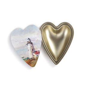 Heart shaped keeper box with a watercolor image of a lighthouse in daytime on the lid, which is offset to the base.