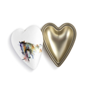 Heart shaped keeper box with a watercolor image of a pair of horses on the lid, which is offset to the base.