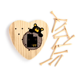 Heart shaped wood peg game with a black bear peeking over a wood stump with Utah on it, next to a set of wood pegs.