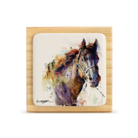 A square wood plaque with a tile attached that has a watercolor image of a horse.