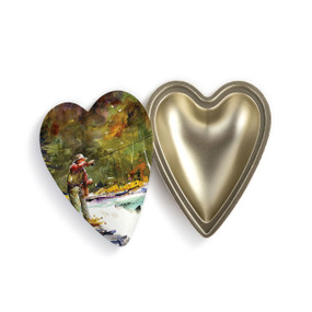 Heart shaped keeper box with a watercolor image of a man fishing in the river on the lid, which is offset to the base.