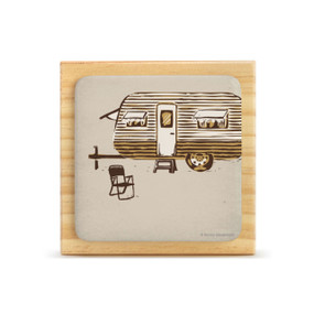 A square wood plaque with a tile attached that has an image of a brown and white camper on a tan background.