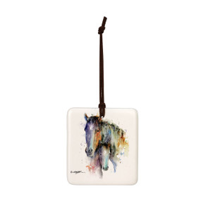 A square hanging ornament with a watercolor image of a pair of horses.