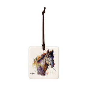 A square hanging ornament with a watercolor image of a horse.