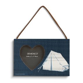 A dark blue rectangular wood hanging frame with a 2 inch heart shaped opening for a photo next to the image of white tent.